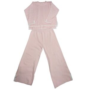 Pink Knit Lounge Set 2 Piece Long Sleeve Top Wide Leg Pants White Trim Size M
